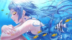  1girl air_bubble blue_hair bubble closed_eyes commentary detached_hair dress earrings english_commentary eyeshadow fish from_side hair_ornament jewelry knees_up kurose_nia long_hair makeup nail_polish original profile short_bangs sleeveless sleeveless_dress smile solo star_(symbol) star_hair_ornament underwater 