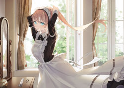 1girl absurdres adjusting_hair apron ayabu_sou black_dress blush breasts comb commentary_request curtains day dress frilled_apron frills hair_tie hair_tie_in_mouth highres light_brown_hair long_hair long_sleeves looking_at_viewer maid maid_headdress mouth_hold open_window original solo table vanity_table very_long_hair white_apron window rating:General score:3 user:danbooru