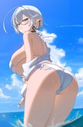 1girl absurdres anima_(togashi) ass bikini blue_eyes blue_sky blush breasts commentary day ear_piercing elf from_behind highres large_breasts long_sleeves looking_at_viewer looking_back mole mole_on_breast mole_under_eye naofilia_(anima) official_alternate_costume original outdoors parted_lips partially_submerged piercing pointy_ears short_hair side-tie_bikini_bottom single_bare_shoulder sky smile solo swimsuit symbol-only_commentary thighs underboob water white_bikini white_hair 