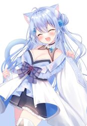 1girl :d ahoge animal_ear_fluff animal_ears blue_hair blush bow breasts cat_ears cat_girl cat_tail choker cleavage closed_eyes detached_collar hair_between_eyes hamico highres large_breasts long_hair open_mouth original plaid plaid_bow smile solo tail white_background 
