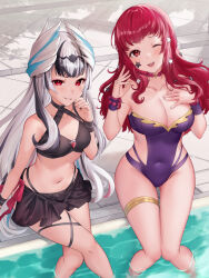 2girls ;d bikini bikini_skirt black_bikini black_hair breasts choker cleavage commentary_request fire_emblem grin hand_on_own_chest haru_(nakajou-28) highres large_breasts long_hair looking_at_viewer medium_breasts multicolored_hair multiple_girls navel nintendo official_alternate_eye_color one-piece_swimsuit one_eye_closed open_mouth purple_choker purple_one-piece_swimsuit red_eyes red_hair smile soaking_feet stomach streaked_hair swimsuit thighlet thighs very_long_hair veyle_(evil)_(fire_emblem) veyle_(fire_emblem) white_hair yunaka_(fire_emblem)  rating:Sensitive score:44 user:danbooru