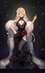 1girl absurdres alternate_costume black_dress black_thighhighs blonde_hair bracelet breasts clenched_hand closed_mouth cosmetics creatures_(company) cynthia_(pokemon) dress evening_gown feather_boa flower full_body game_freak garter_straps glitter_dress hair_ornament hair_over_one_eye hand_on_own_hip hand_up highres holding holding_lipstick_tube jewelry large_breasts lipstick_tube long_hair looking_at_viewer nintendo pokemon pokemon_dppt red_flower red_rose rose side_slit smile sparkle sylux thighhighs very_long_hair rating:Sensitive score:34 user:danbooru