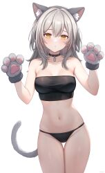  1girl absurdres animal_ears animal_hands bandeau bare_arms bare_shoulders black_bandeau black_choker black_panties black_tube_top blush breasts cat_ears cat_paws cat_tail choker collarbone commentary cowboy_shot crop_top english_commentary fake_animal_ears fake_tail gloves grey_hair grey_hairband hair_between_eyes hairband hands_up highres honkai:_star_rail honkai_(series) long_hair looking_at_viewer medium_breasts midriff narijade navel no_pants panties parted_lips paw_gloves paw_pose simple_background skindentation solo standing stelle_(honkai:_star_rail) stomach strapless string_panties tail tail_raised taut_bandeau taut_clothes thigh_gap thighs trailblazer_(honkai:_star_rail) tube_top underwear upper_body white_background white_hair yellow_eyes 