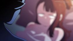  1boy 2girls angry animated bed blush breasts brown_hair clitoris covering_privates covering_breasts dainapp geewhy highres imminent_penetration interpolated kagari_atsuko legs_up little_witch_academia long_hair lying medium_breasts monster multiple_girls nipples nude on_back on_bed pain penis pillow pout pubic_hair pussy pussy_juice reading red_eyes sex small_breasts spread_legs stomach_bulge sucy_manbavaran tagme third-party_edit vaginal veins veiny_penis video 