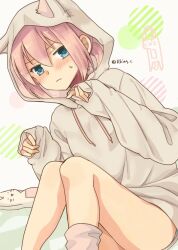  1girl alternate_costume animal_hood batsubyou blue_eyes cat_hood dutch_angle hair_down hood hooded_sweater kantai_collection looking_at_viewer pink_hair r-king shiranui_(kancolle) short_hair sitting sleeves_past_wrists solo sweater 