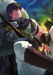  1boy armor beard black_(artist) boots cape cigar facial_hair fate/grand_order fate_(series) fingerless_gloves fire gloves hector_(fate) sitting smile tagme wink  rating:Sensitive score:4 user:devilgod