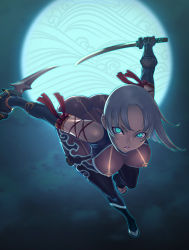  1girl ass blue_eyes bodysuit breasts cleavage covered_erect_nipples dual_wielding elbow_gloves gauntlets gloves glowing glowing_eyes grey_hair highres holding katana large_breasts leaning_forward looking_at_viewer matching_hair/eyes moon night ninja original otacool parted_lips sandals sethxzoe skin_tight solo sword weapon  rating:Sensitive score:209 user:danbooru