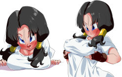  1girl black_hair blue_eyes blush grabbing_another&#039;s_breast breast_rest breasts brown_gloves cleavage closed_mouth covered_erect_nipples dragon_ball dragonball_z embarrassed female_focus fingerless_gloves full-face_blush gloves grabbing grabbing_own_breast hands_up long_hair looking_at_viewer medium_breasts multiple_views open_mouth rom_(20) shirt simple_background smile twintails upper_body videl white_background white_shirt  rating:Questionable score:91 user:Ynyswydryn