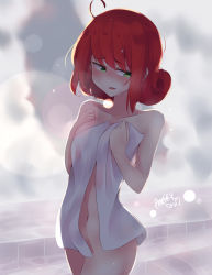 1girl a:n_(angrynum) ahoge bad_id bad_pixiv_id blush breasts curly_hair female_focus green_eyes hands_on_own_chest highres image_sample looking_down medium_breasts naked_towel nude penny_(stardew_valley) pixiv_sample red_hair signature solo stardew_valley towel water wet rating:Questionable score:97 user:danbooru