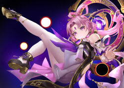  1girl bare_shoulders black_sun bow-shaped_hair closed_mouth commentary_request constellation constellation_print detached_sleeves dress forehead_jewel fu_xuan_(honkai:_star_rail) hair_ornament hair_rings hair_stick high_heels highres honkai:_star_rail honkai_(series) jewelry leggings long_hair looking_at_viewer looking_down low_twintails pantyhose parted_bangs pink_hair pink_tassel purple_rope rope solo sun sunkilow tassel tassel_hair_ornament twintails two-tone_eyes white_leggings white_pantyhose 