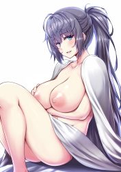  1girl bed_sheet blue_eyes breast_hold breasts collarbone large_areolae large_breasts long_hair looking_at_viewer naked_sheet nipples nude original ponytail ribucci silver_hair simple_background sitting smile solo white_background  rating:Questionable score:20 user:danbooru