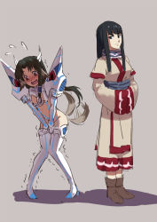  2girls animal_ears black_hair blush boots club3 cosplay costume_switch covering_crotch covering_privates crossover embarrassed eruruu_(cosplay) eruruu grey_background hair_tubes hands_in_opposite_sleeves highres junketsu kill_la_kill kiryuuin_satsuki kiryuuin_satsuki_(cosplay) knees_together_feet_apart layered_sleeves leaning_forward long_hair multiple_girls open_mouth sash sidelocks tail tail_wagging thigh_boots thighhighs trembling utawarerumono voice_actor_connection wavy_mouth white_legwear yuzuki_ryouka 