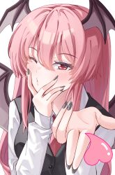  1girl ;o absurdres black_vest blowing_kiss blush commentary demon_wings fingernails foreshortening hair_between_eyes head_wings heart highres koakuma long_hair long_sleeves looking_at_viewer mahoro_(minase_mahoro) nail_polish necktie one_eye_closed pink_hair red_eyes red_necktie shirt simple_background solo straight_hair touhou upper_body very_long_hair vest white_background white_shirt wings 