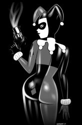  1girl artist_name ass batman:_the_animated_series batman_(series) bodysuit breasts commentary dated dc_comics deadmann_artworks domino_mask english_commentary from_behind greyscale gun harlequin harley_quinn highres holding holding_gun holding_weapon jester jester_costume lipstick looking_at_viewer makeup mask medium_breasts monochrome sketch skin_tight smile smoke smoking_gun solo weapon 