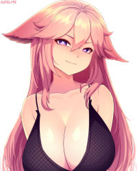  1girl absurdres animal_ears arms_at_sides artist_name bikini black_bikini breasts bright_pupils closed_mouth collarbone floppy_ears fox_ears genshin_impact hair_down head_tilt heart heart-shaped_pupils highres large_breasts light_blush light_smile long_hair looking_at_viewer no_earrings pink_hair purple_eyes satelyte simple_background solo string_bikini swimsuit symbol-shaped_pupils upper_body white_background white_pupils yae_miko  rating:Sensitive score:105 user:danbooru