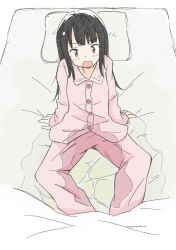 1girl arm_support bedwetting black_eyes black_hair blush female_focus flat_chest hinahizu light_blush long_hair long_sleeves matching_hair/eyes on_bed open_mouth original pajamas pants pee peed_self pillow pink_pants pink_shirt puddle shirt sitting sleeves_past_wrists solo spread_legs surprised wet wet_clothes rating:Questionable score:23 user:AngryZapdos