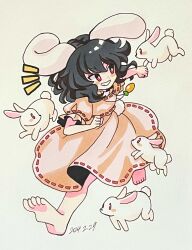  1girl animal animal_ears black_hair carrot_necklace dated dress frilled_sleeves frills full_body furiba_794 highres imperishable_night inaba_tewi jewelry motion_lines necklace pink_dress puffy_short_sleeves puffy_sleeves rabbit rabbit_ears rabbit_girl rabbit_tail red_eyes short_hair short_sleeves solo tail touhou 
