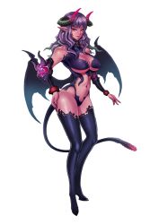  1girl bad_id bad_pixiv_id breasts castanic cleavage collar demon_girl demon_horns demon_tail demon_wings full_body horns large_breasts long_hair looking_at_viewer newface penis_tail pink_eyes pointy_ears purple_hair smile solo tail tera_online transparent_background wings 