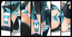  1girl ass black_thighhighs boots cameltoe cleft_of_venus close-up column_lineup dressing eto from_below hatsune_miku hugging_own_legs kneeling lying on_one_knee on_side panties pantyshot pleated_skirt sitting skirt striped_clothes striped_panties thigh_boots thighhighs underwear upskirt vocaloid  rating:Questionable score:55 user:danbooru
