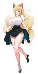 1girl absurdres animal_ear_fluff animal_ears bare_legs black_footwear blonde_hair blue_eyes breasts cleavage clothes_lift commission curvy dirndl fox_ears fox_girl fox_tail full_body german_clothes happy highres huge_breasts large_breasts looking_at_viewer multiple_tails narrow_waist one_eye_closed open_mouth original panties side-tie_panties simple_background skeb_commission skirt skirt_lift smile solo standing standing_on_one_leg suruga_(xsurugax) tail thighs underwear white_background wide_hips rating:Sensitive score:57 user:danbooru