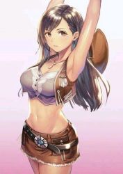  1girl anbe_yoshirou arms_up artist_request bare_arms belt belt_buckle breasts brown_eyes brown_hair buckle cleavage cowboy_hat cowboy_western facing_viewer final_fantasy final_fantasy_vii happy hat large_breasts long_hair looking_at_viewer midriff miniskirt navel parted_lips skirt smile solo square_enix stampede_string standing strapless teeth tifa_lockhart tube_top vest 