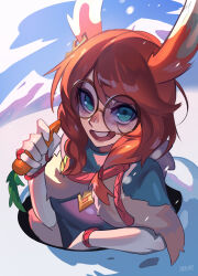  1girl animal_ears artist_name aurora_(league_of_legends) blue_eyes blue_sky carrot cloud commentary earrings elbow_gloves english_commentary freckles glasses gloves hair_between_eyes highres holding holding_carrot hole jewelry league_of_legends long_hair looking_at_viewer looney_tunes mountain nebura_(neburaart) open_mouth orange_hair outdoors parody rabbit_ears rabbit_girl ring round_eyewear sidelocks sky smile snow solo teeth upper_body upper_teeth_only white_gloves 