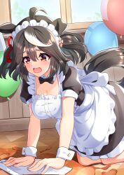  1girl absurdres ahoge alternate_costume animal_ears apron black_hair blush breasts cleaning cup decantering enmaided failure highres horse_ears horse_girl horse_tail kitasan_black_(umamusume) maid maid_headdress medium_breasts medium_hair on_ground open_mouth pouring red_eyes ribbon smile solo sunny_(20597521) tail teacup umamusume window wiping 
