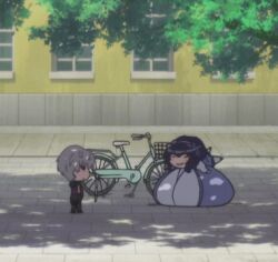  1boy 1girl aleksander_nikolaevich_her animated animated_gif bicycle breasts chibi gigantic_breasts lowres outdoors seikon_no_qwaser source_request yamanobe_tomo  rating:Sensitive score:49 user:Photonman1