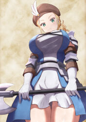  1girl :&lt; armor armored_dress beret blonde_hair blush breasts brown_hat character_request closed_mouth commentary_request dress fantasy forehead from_below gloves green_eyes gryphon_knight_(unicorn_overlord) halberd hat hat_feather highres holding holding_weapon large_breasts looking_at_viewer looking_down medium_hair polearm scopedog_12 shoulder_armor simple_background solo standing thighs unicorn_overlord weapon white_dress white_gloves  rating:Sensitive score:12 user:danbooru