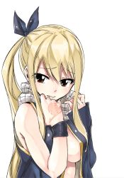 1girl blonde_hair blue_ribbon blue_shirt breasts brown_eyes cosplay fairy_tail large_breasts long_hair lucy_heartfilia mashima_hiro natsu_dragneel_(cosplay) official_art open_clothes open_shirt ribbon scarf shirt simple_background solo tattoo white_scarf rating:Questionable score:20 user:danbooru