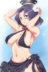 10s 1girl arms_up bikini black_bikini blush breasts cleavage covered_erect_nipples female_focus flower groin hair_flower hair_ornament halo highres kantai_collection large_breasts looking_at_viewer mechanical_halo moisture_(chichi) navel purple_eyes purple_hair sarong short_hair sideboob simple_background solo swimsuit tatsuta_(kancolle) underboob white_background rating:Questionable score:68 user:danbooru