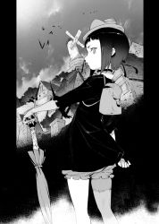  1girl backpack bag bat_(animal) bob_cut choker closed_mouth dress fedora fingernails from_side greyscale hat holding holding_umbrella inverted_bob long_sleeves looking_at_viewer looking_to_the_side medium_hair monochrome outdoors patchwork_skin pillarboxed rita_(shingeki_no_bahamut:_genesis) ryota-h shingeki_no_bahamut shingeki_no_bahamut:_genesis short_dress solo standing stitched_leg stitches umbrella windmill 