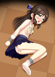  1girl absurdres asphyxiation blush crying crying_with_eyes_open empty_eyes female_focus flat_chest full_body highres idolmaster idolmaster_cinderella_girls loli lying on_floor on_side open_mouth panties peeing restrained school_uniform solo tachibana_arisu tagme tears tongue tongue_out underwear wet wet_clothes wet_panties yanderenohako_(artist) 
