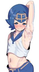 1girl arm_behind_head arm_up armpits blue_eyes blue_hair blue_sailor_collar blush breasts centvie closed_mouth collarbone covered_erect_nipples creatures_(company) cum cum_on_armpit facial female_focus game_freak hairband highres lana_(pokemon) looking_at_viewer navel nintendo pokemon pokemon_sm sailor_collar shirt short_hair simple_background sleeveless sleeveless_shirt small_breasts solo standing stomach white_background white_shirt yellow_hairband rating:Explicit score:136 user:ImWastingMyLife