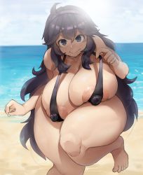 1girl ahoge areola_slip beach black_hair blush breasts cleavage covered_erect_nipples creatures_(company) curvy feet game_freak hairband hex_maniac_(pokemon) highres huge_breasts large_areolae long_hair looking_at_viewer nintendo plump pokemon pokemon_xy purple_eyes sinensian slingshot_swimsuit solo swimsuit thick_thighs thighs toes wide_hips rating:Questionable score:265 user:Vardigiil