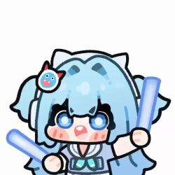 1girl :d animal_ear_headphones animated blue_eyes blue_hair blue_neckerchief blush_stickers chibi fake_animal_ears glowstick goddess_of_victory:_nikke hair_intakes headphones headset holding kiwi_forest kiwichip light_blue_hair long_hair neckerchief open_mouth shifty_(nikke) side_ponytail simple_background smile solo tagme video white_background xd