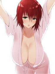 1girl areola_slip arms_up bathrobe blush breasts brown_hair cleavage eyelashes green_eyes hair_between_eyes hanging_breasts highres huge_breasts leaning_forward looking_at_viewer mature_female medium_hair mikado_ryouko murio no_bra parted_lips red_hair robe short_hair simple_background smile solo to_love-ru white_background rating:Questionable score:149 user:danbooru