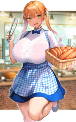  1girl basket blonde_hair blue_ribbon bread breasts commentary_request earrings food green_eyes hair_ribbon highres holding holding_tongs huge_breasts jewelry long_hair looking_back moto_inkya_no_kyonyuu_yariman_imouto_ga_erosugite_onii-chan_wa_mou...!! natsuki_(bookworm_little_sister) open_mouth ribbon shirt shoes skirt smile solo standing standing_on_one_leg tongs tsukumiya_amane twintails 