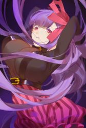 10s 1girl arm_up bad_id bad_pixiv_id belt bodysuit bow breasts fate/extra fate/extra_ccc fate_(series) hair_bow hair_ribbon huge_breasts long_hair looking_at_viewer parted_lips passionlip_(fate) purple_hair red_cucumber red_eyes ribbon solo rating:Sensitive score:12 user:danbooru