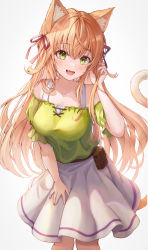  1girl :d animal_ear_fluff animal_ears bare_shoulders breasts brown_hair cat_ears cat_girl cat_tail commentary_request fang funii green_eyes green_shirt grey_background hair_between_eyes hand_up highres kanade_(beast_tamer) long_hair looking_at_viewer medium_breasts off-shoulder_shirt off_shoulder open_mouth puffy_short_sleeves puffy_sleeves shirt short_sleeves simple_background skirt smile solo tail very_long_hair white_skirt yuusha_party_wo_tsuihou_sareta_beast_tamer_saikyoushu_no_nekomimi_shoujo_to_deau  rating:Sensitive score:56 user:danbooru