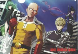  1girl 3boys absurdres artist_request bag bald black_dress blonde_hair blue_sky bodysuit breasts cape copyright_name curly_hair cyborg dress flipped_hair floating floating_clothes genos gloves glowing green_eyes green_hair highres holding holding_bag levitation mechanical_arms multiple_boys ninja official_art one-punch_man onsoku_no_sonic outdoors petite psychic purple_scarf red_gloves ruins saitama_(one-punch_man) scan scarf side_slit sky small_breasts spring_onion sun tatsumaki telekinesis white_cape yellow_bodysuit 