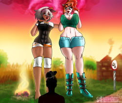  1boy 2girls aqua_eyes aqua_shirt ara_ara bea_(pokemon) blush bottomless breasts cleavage covered_erect_nipples covered_navel creatures_(company) dark_skin dark_sky dynamax eyelashes eyewear_on_head face finger_to_mouth game_freak giant giantess gigantamax glasses grass green_eyes green_nails grey_eyes grey_hair hair_ornament hairband hand_on_own_chest hat heart heart_hair_ornament height_difference large_breasts leg_warmers leotard leotard_under_clothes lipstick long_hair makeup meteor multiple_girls nail_polish nintendo nipples open_mouth orange_hair pokemon pokemon_(creature) pokemon_swsh red_clouds road_sign scared shirt short_hair shorts sign size_difference smile smoke sonia_(pokemon) sportswear sweat sweatband thick_lips thick_thighs thighs tied_shirt toned underboob undersized_clothes wall wide_hips wristband  rating:Questionable score:4 user:aaabbbaaa