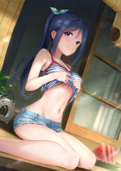 basket blue_hair blush breasts camisole food fruit highres kneeling looking_at_viewer love_live! love_live!_sunshine!! matsuura_kanan medium_breasts mignon outdoors ponytail purple_eyes short_shorts shorts smile stomach striped_camisole summer underboob watermelon watermelon_slice rating:Questionable score:122 user:a-human