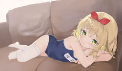  1girl aak absurdres blonde_hair blue_one-piece_swimsuit bow couch crossed_arms green_eyes hair_bow highres idolmaster idolmaster_cinderella_girls looking_at_viewer lying on_stomach one-piece_swimsuit ribbon sakurai_momoka school_swimsuit short_hair smile solo swimsuit thighhighs translated white_thighhighs  rating:Sensitive score:164 user:danbooru