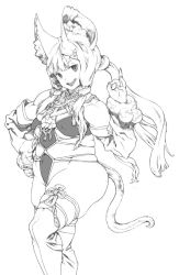  1girl animal_ear_fluff animal_ears bare_shoulders breasts cheese_hair_ornament chinese_zodiac covered_erect_nipples covered_navel detached_sleeves fingernails flower food-themed_hair_ornament fur-trimmed_sleeves fur_trim greyscale hair_ornament hand_on_own_hip hatching_(texture) highres kei_(bekei) long_fingernails long_hair medium_breasts monochrome ok_sign open_mouth plump simple_background skindentation sleeves_past_wrists smile solo swimsuit tail teeth thighhighs tongue twintails upper_teeth_only very_long_fingernails white_background year_of_the_rat 