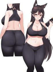 1girl animal_ear_fluff animal_ears ass atago_(azur_lane) azur_lane bare_shoulders black_pants black_sports_bra blush bottle breasts cleavage closed_mouth commentary cropped_legs curvy eyelashes from_behind groin hair_between_eyes hand_up heavy_breathing holding holding_bottle huge_ass kuavera large_breasts long_hair looking_at_viewer mole mole_under_eye multiple_views navel pants parted_lips profile smile sports_bra standing sweat thick_thighs thighs water_bottle wolf_ears yellow_eyes yoga_pants rating:Questionable score:126 user:JustHere4Butts