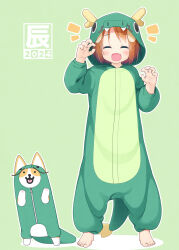  1girl 2024 :d ^_^ animal animal_costume animal_ears barefoot brown_hair chinese_zodiac claw_pose closed_eyes dog dog_ears dragon_costume dragon_horns dragon_tail facing_viewer fake_horns fake_tail fang full_body green_background hands_up highres horns inuarashi long_sleeves meiko_(inuarashi) notice_lines open_mouth original puffy_long_sleeves puffy_sleeves shadow smile solo standing tail year_of_the_dragon 