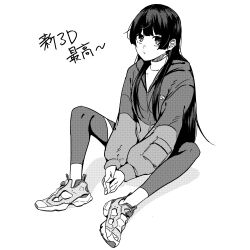  1girl closed_mouth full_body greyscale highres hood hood_down hoodie knees_up leggings legs_apart long_bangs long_hair long_sleeves looking_at_viewer monochrome nijisanji own_hands_clasped own_hands_together ryon_1925 shoes sidelocks sitting sneakers solo straight_hair tsukino_mito turtleneck two-tone_hoodie virtual_youtuber zipper 