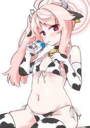  1girl ahoge animal_ears animal_print bell bikini blue_archive blush cow_ears cow_horns cow_print cow_print_bikini cow_print_gloves cow_print_thighhighs cowbell drinking_straw ear_tag elbow_gloves front-tie_bikini_top front-tie_top gloves halo highres horns kurosaki_kousuke long_hair looking_at_viewer milk_carton natsu_(blue_archive) neck_bell pink_hair pink_halo print_bikini print_gloves print_thighhighs red_eyes side-tie_bikini_bottom side_ponytail simple_background solo swimsuit thighhighs 