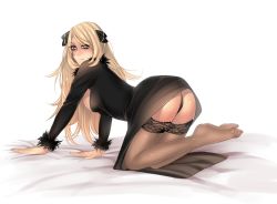  1girl ass blonde_hair creatures_(company) cynthia_(pokemon) feet flowerxl game_freak hair_ornament lingerie long_hair nintendo no_shoes panties pokemon pokemon_dppt simple_background solo thighhighs toes underwear  rating:Questionable score:57 user:chaosbbeast1980